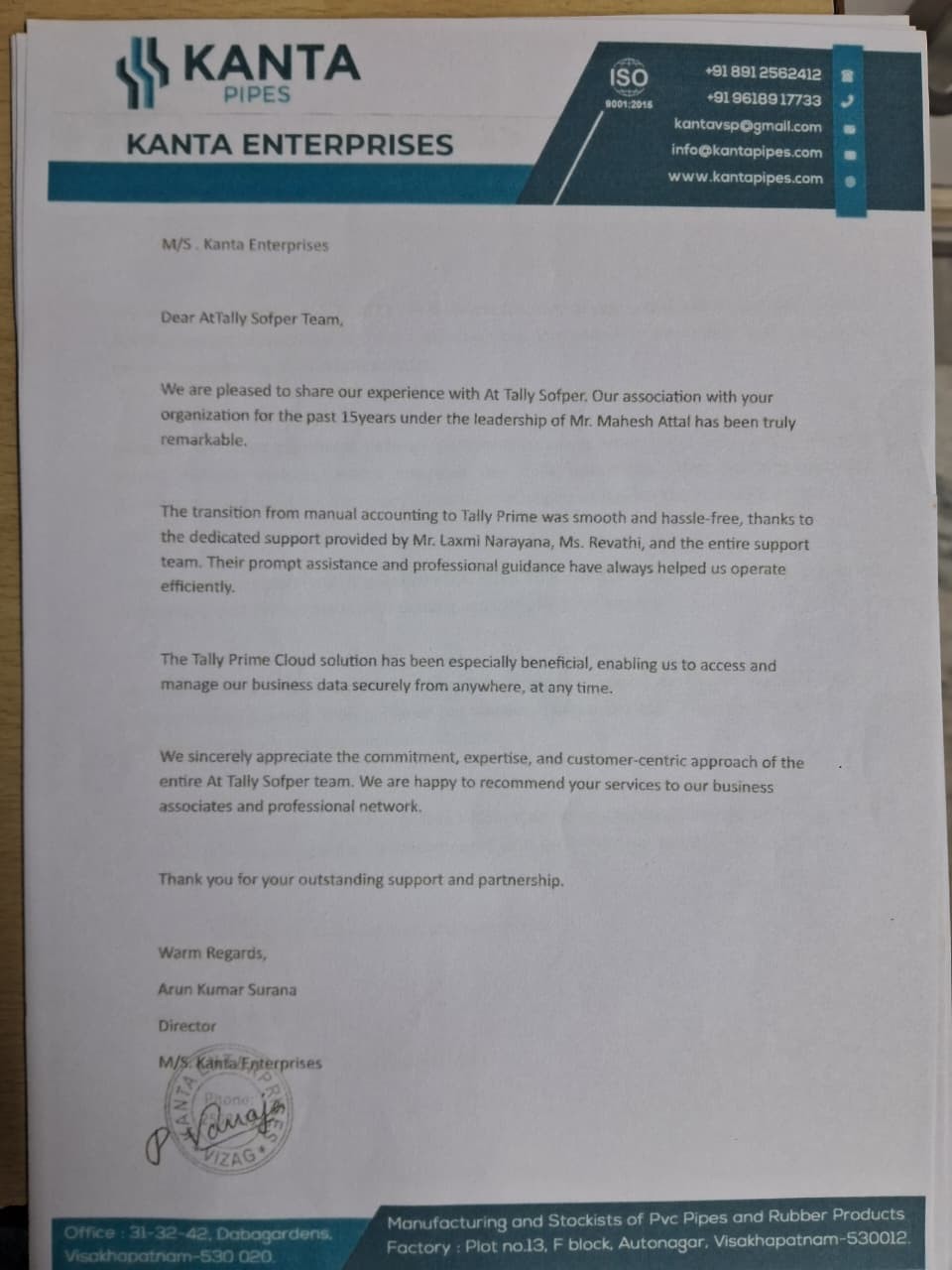 official from Kanta Enterprises to AtTally Sofper Pvt. Ltd.