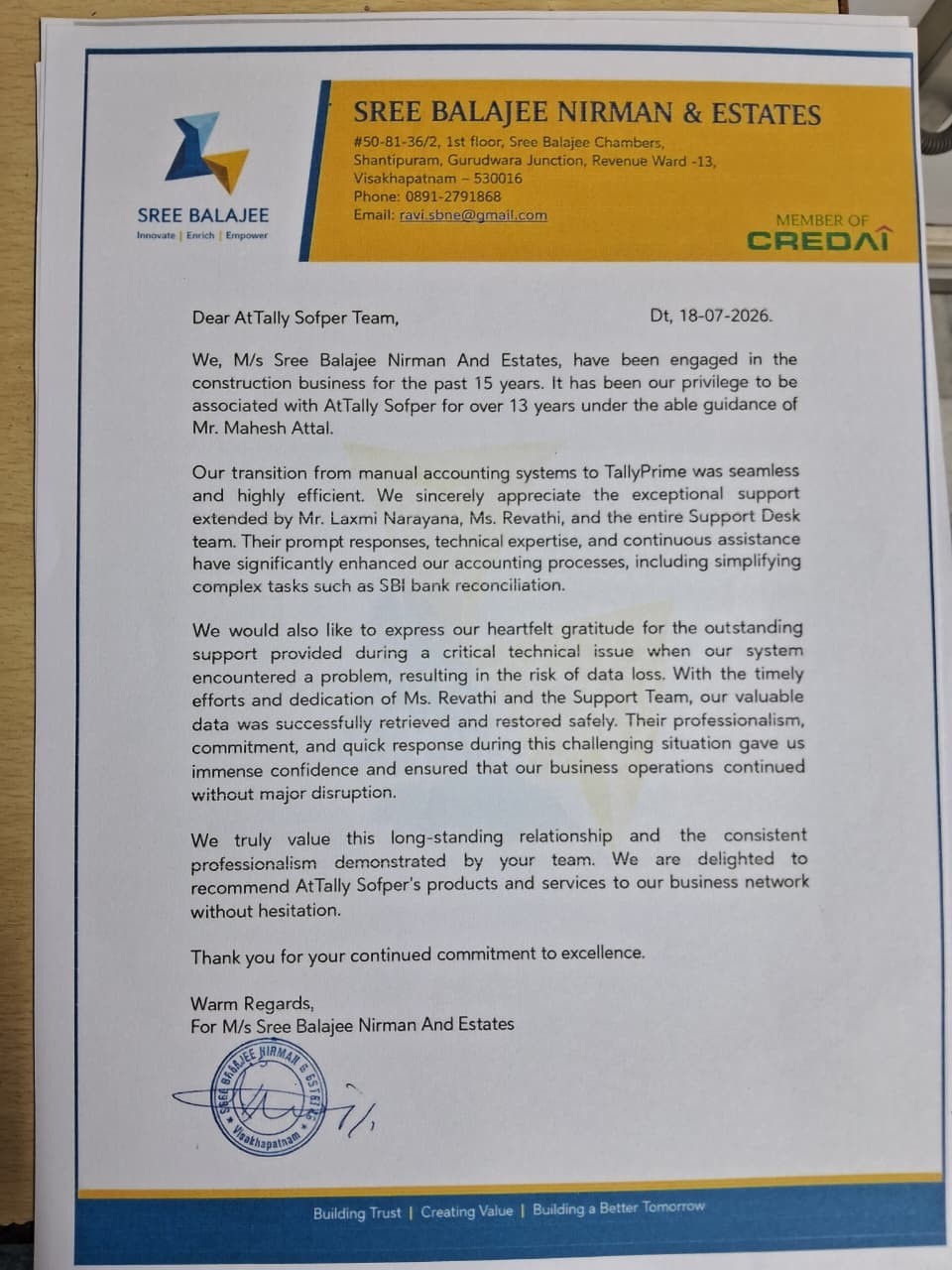review from Shree Balajee Nirman & Estates