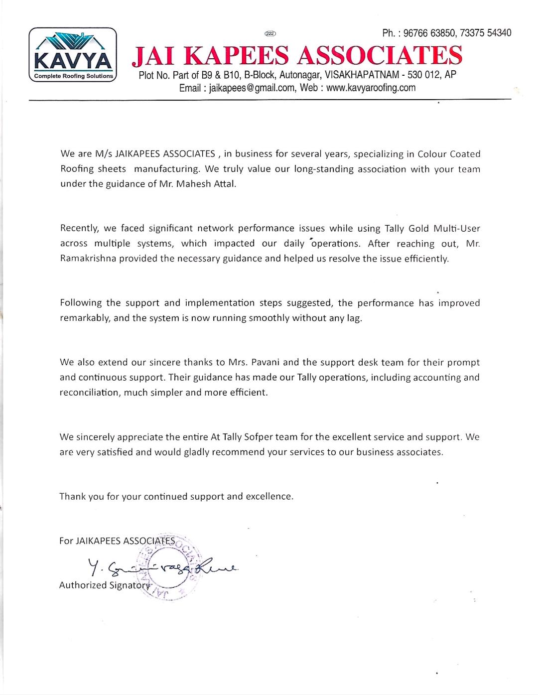 review given by Jai Kapees Associates