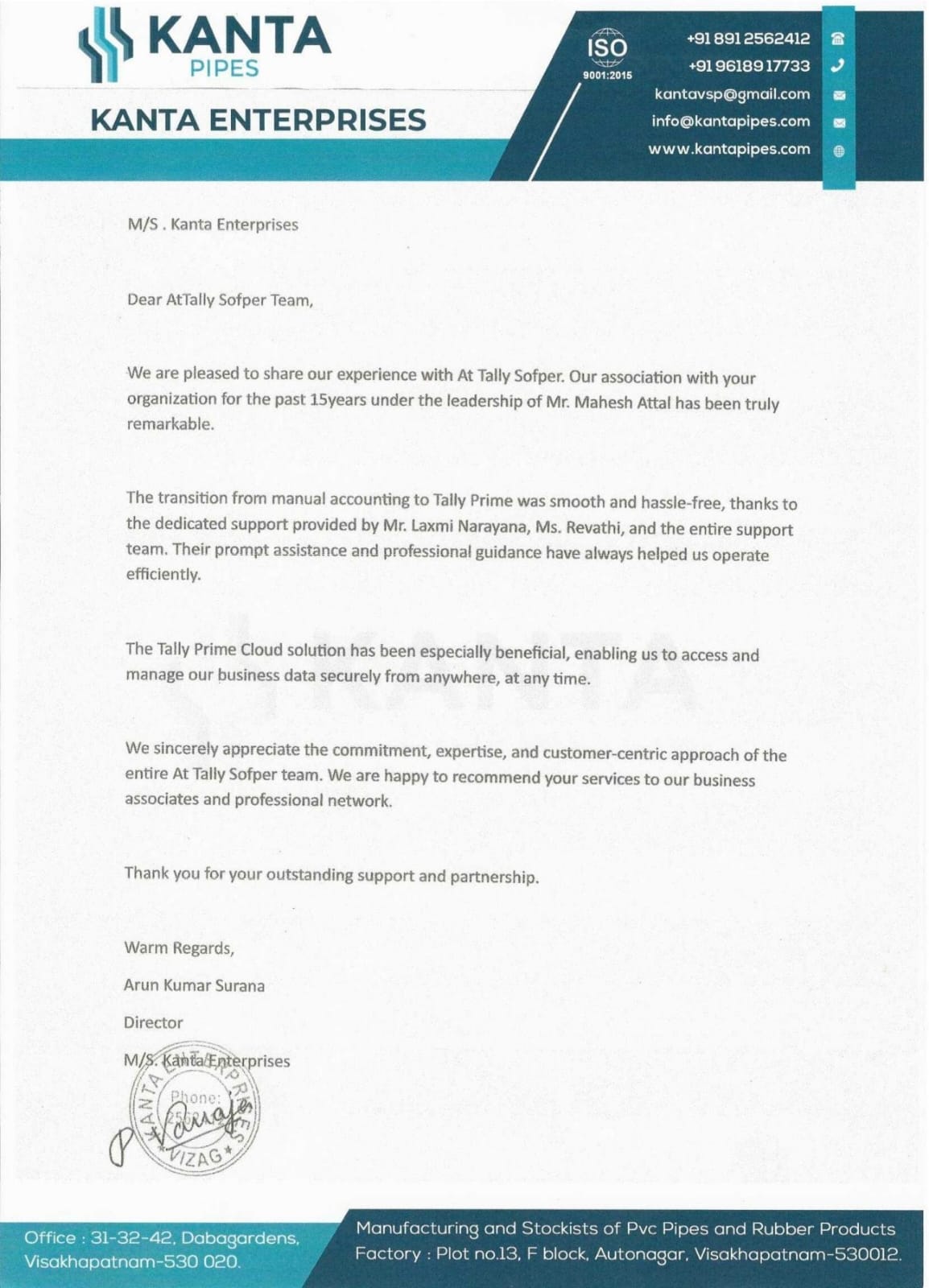 official from Kanta Enterprises to AtTally Sofper Pvt. Ltd.