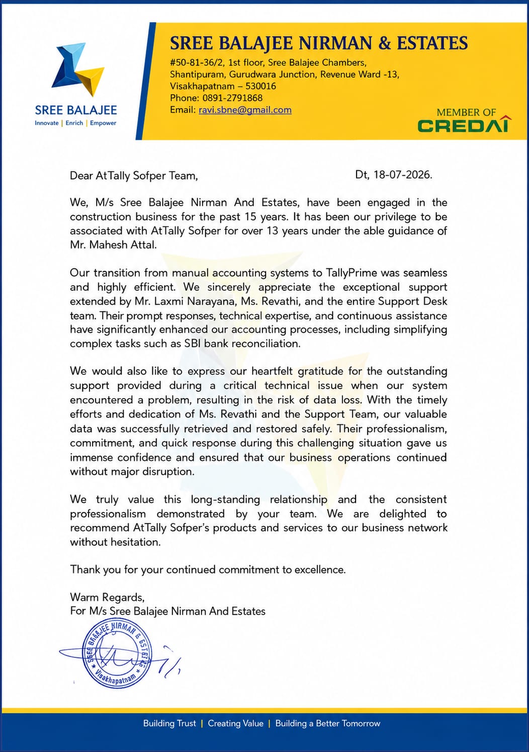 review from Shree Balajee Nirman & Estates