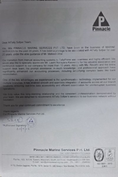 reviewed by Pinnacle Marine Pvt. Ltd. to AtTally Sofper Pvt. Ltd