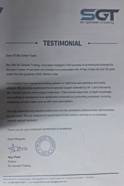 review given by SGT on service proovide by AtTally Sofper