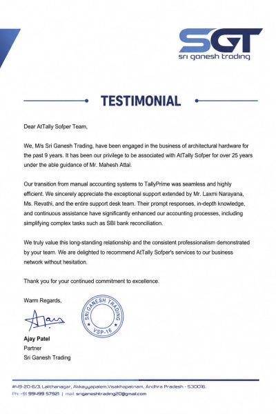 review given by SGT on service proovide by AtTally Sofper