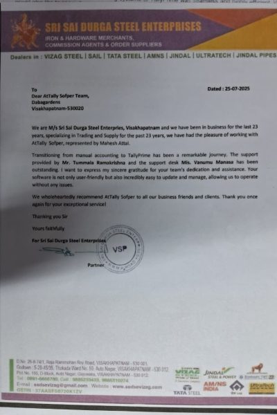 review by Sri Sai Durga Steel Enterprises on support provide for TallyPrime by AtTally Sofper Pvt. Ltd.